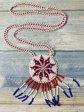 White, Red & Blue Seed Beaded Fringe Necklace